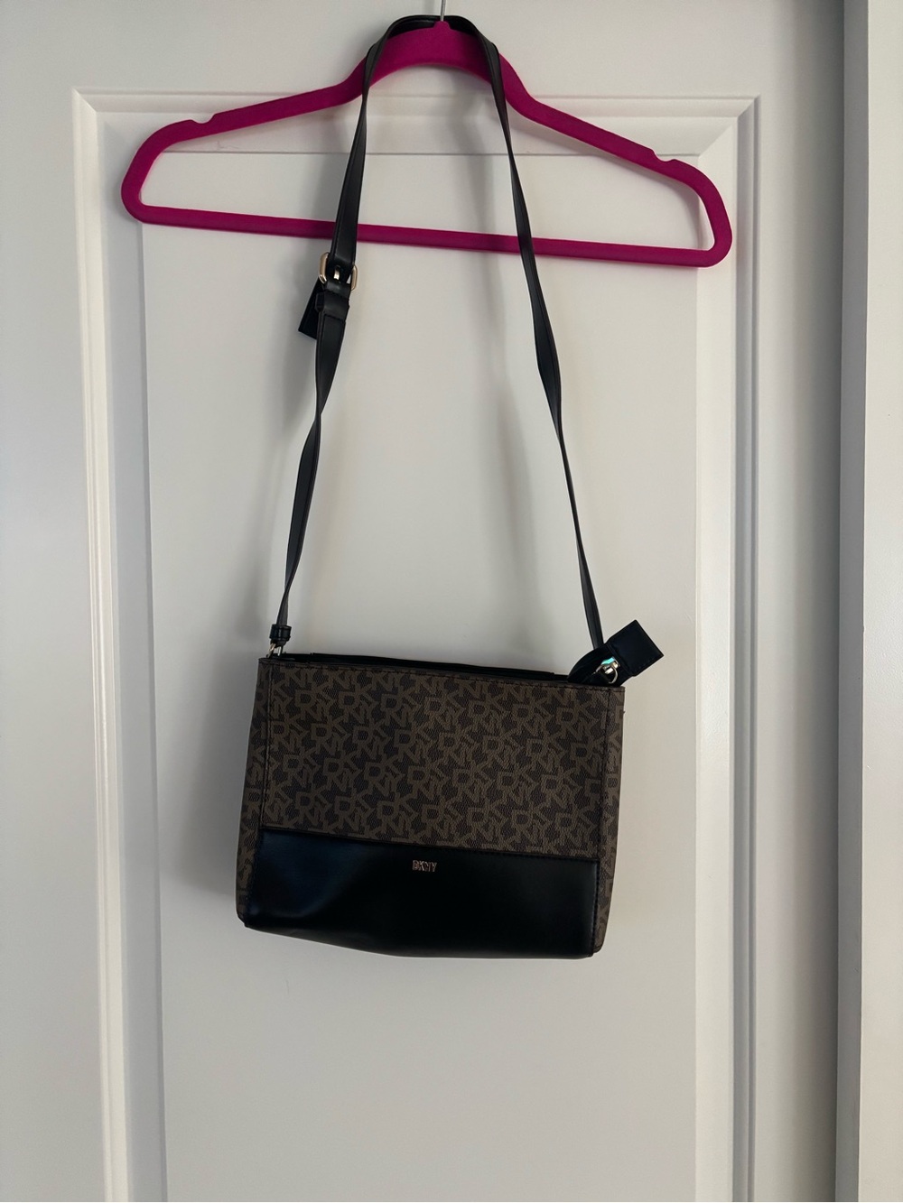 DKNY Brown Monogram Crossbody with Black Trim and Adjustable Strap
